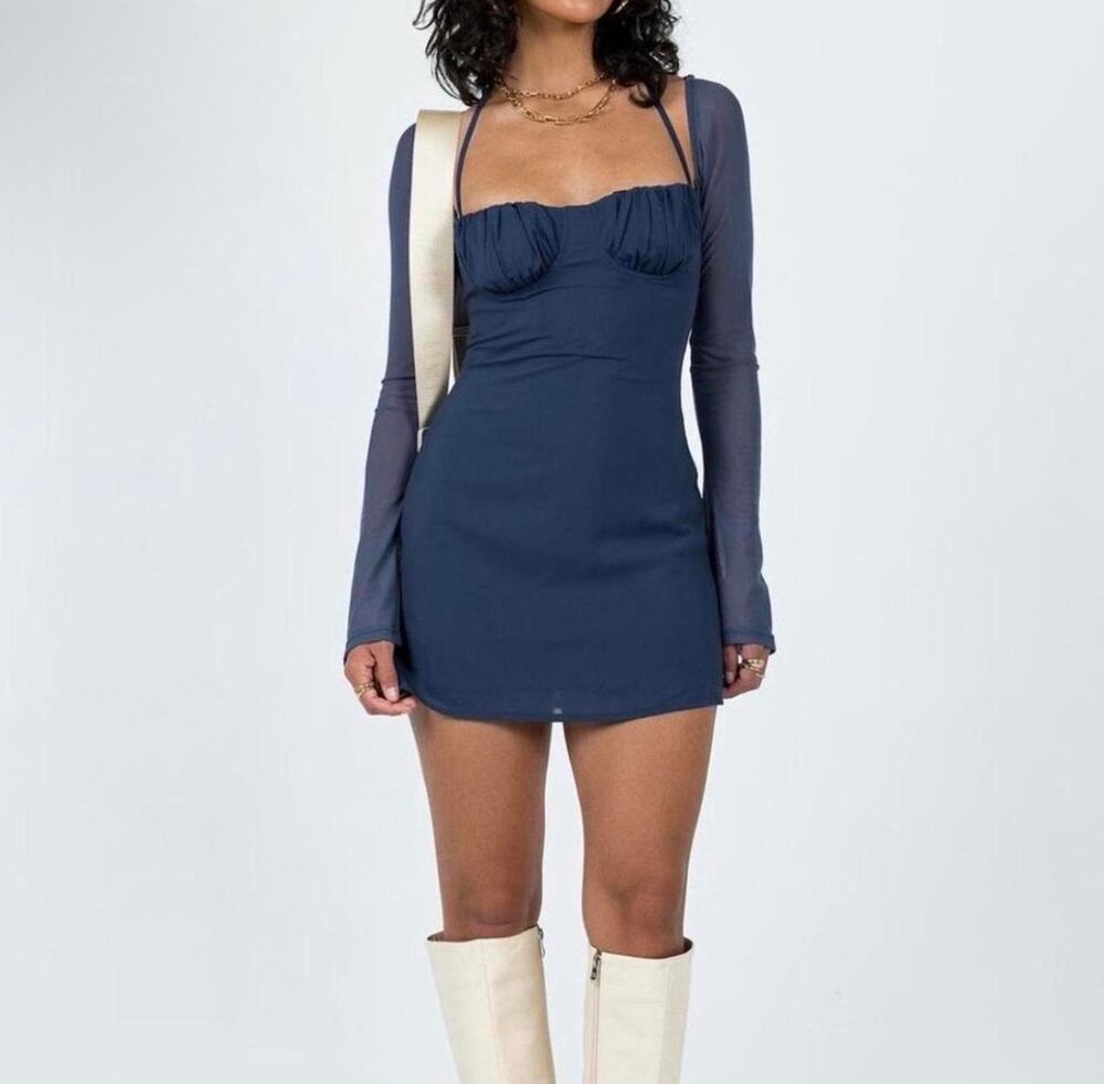 Princess Polly Dyer Sheer Sleeve Mini Dress Navy Womens US 8